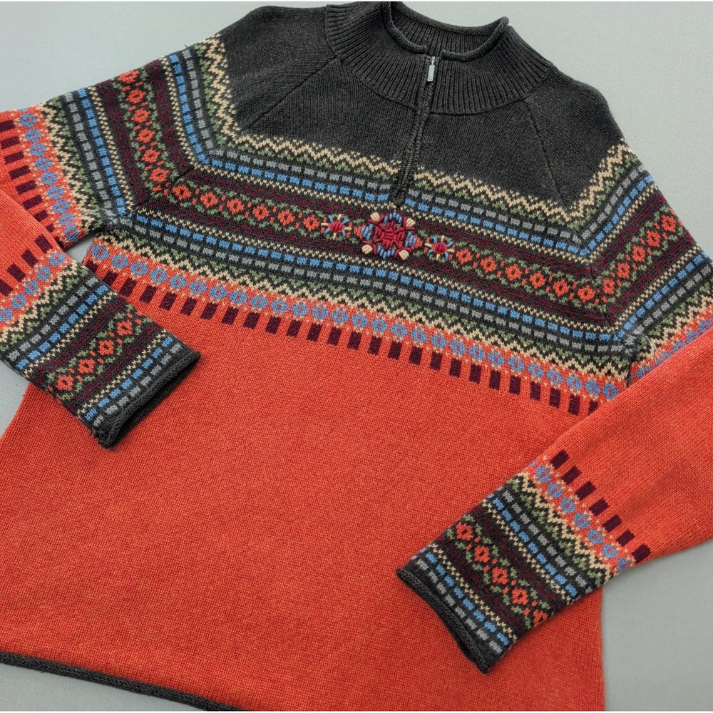 Eddie Bauer Fair Isle Fall Colors Cotton/Angora Blend 1/4 Zip Sweater XL Cabin